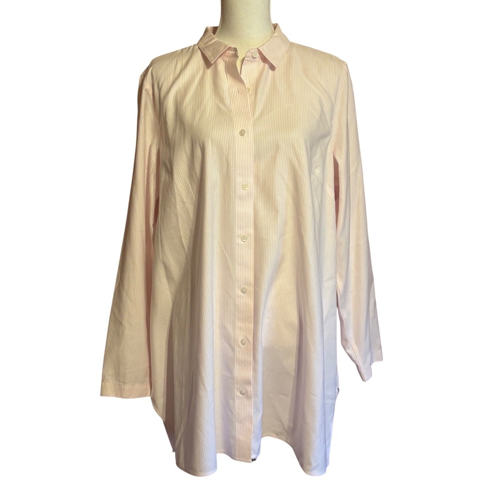 NWT J. Jill Non-Iron Pink White Striped Button Down Tunic Large Classic Preppy